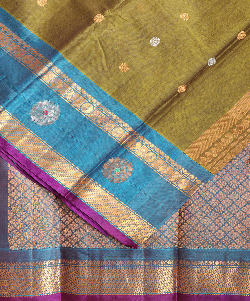 Olive green color Handloom Gadwal sico saree