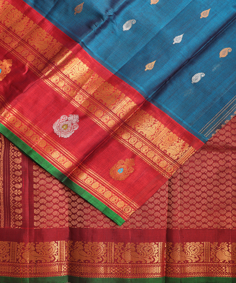 Prussian blue color Handloom Gadwal sico saree