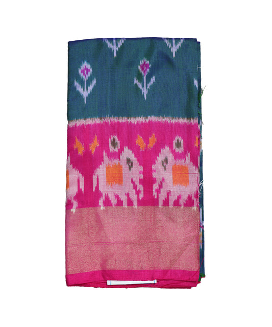 Prussian blue shade handloom silk ikath pavada