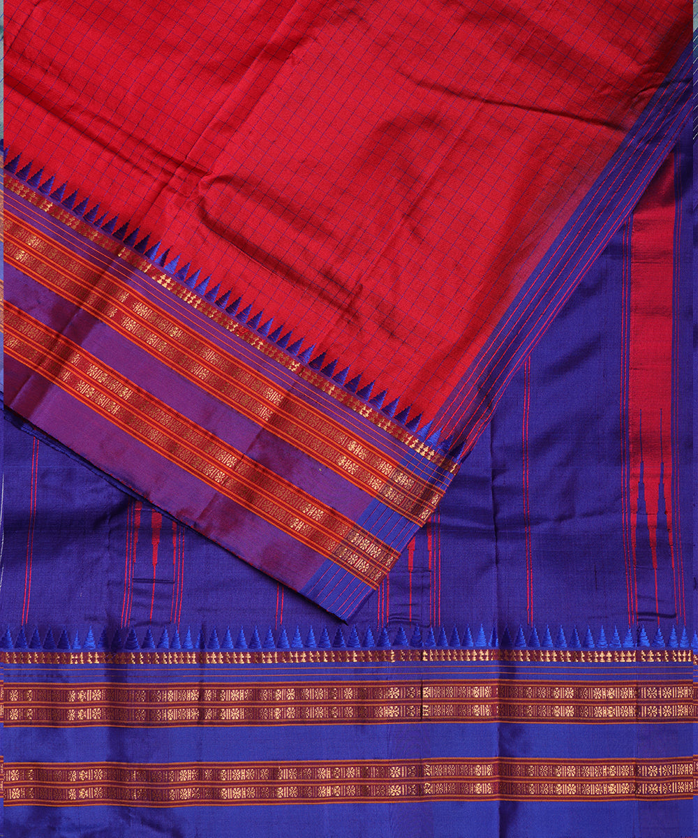 Crimson red color striped handloom narayanpet silk saree