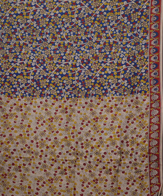 Beige Kalamkari printed cotton saree