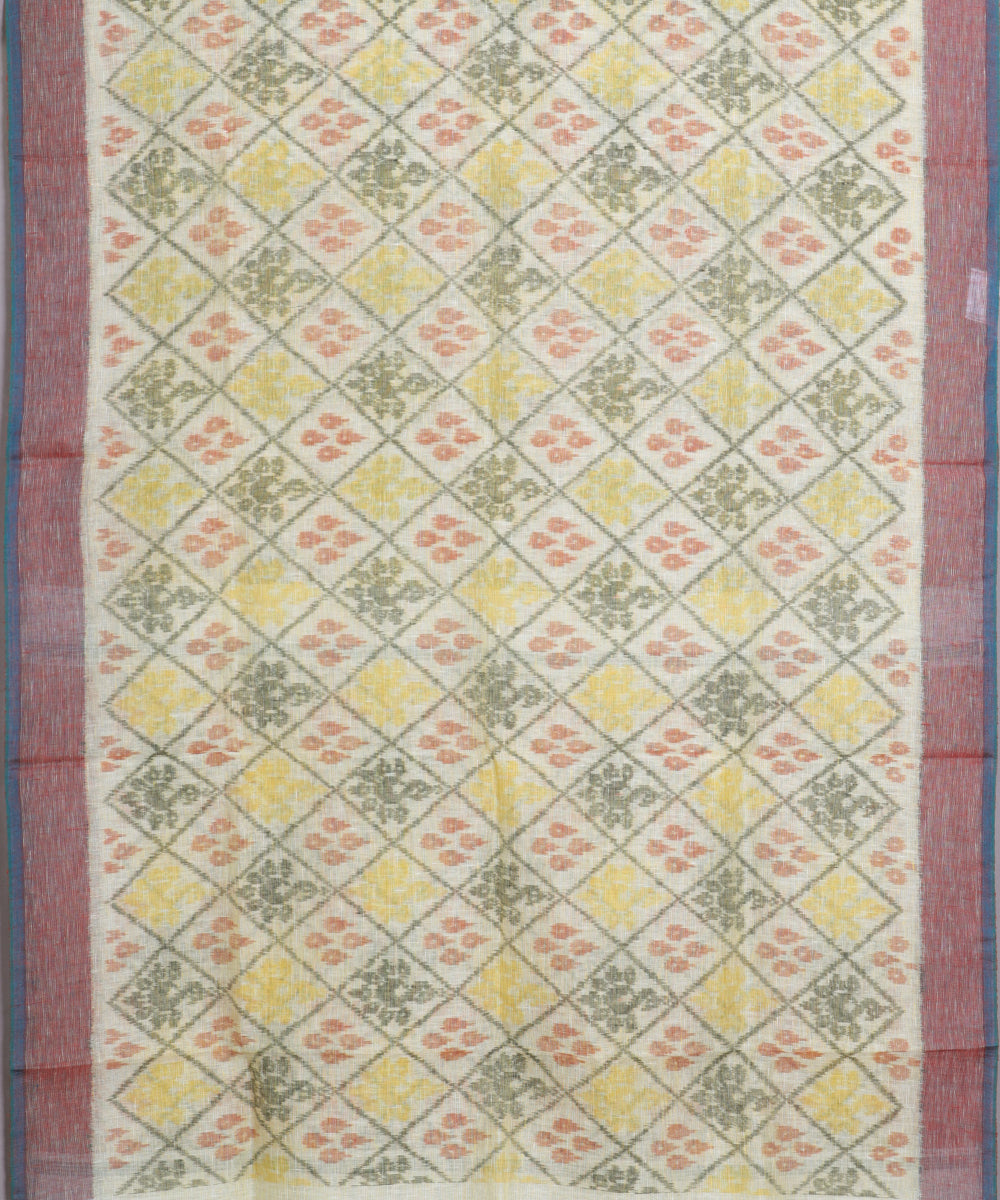 Laguna yellow color handloom linen ikat saree