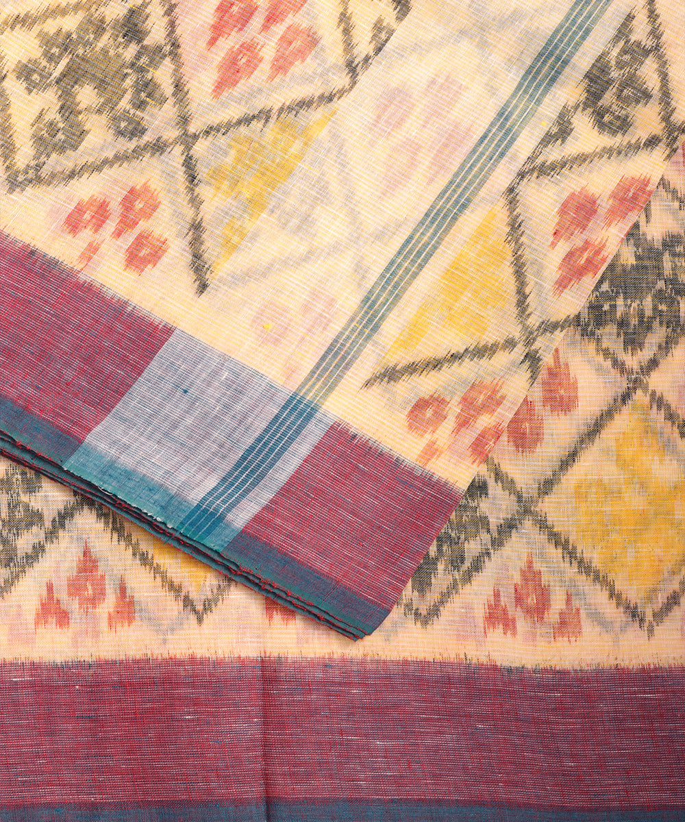 Laguna yellow color handloom linen ikat saree