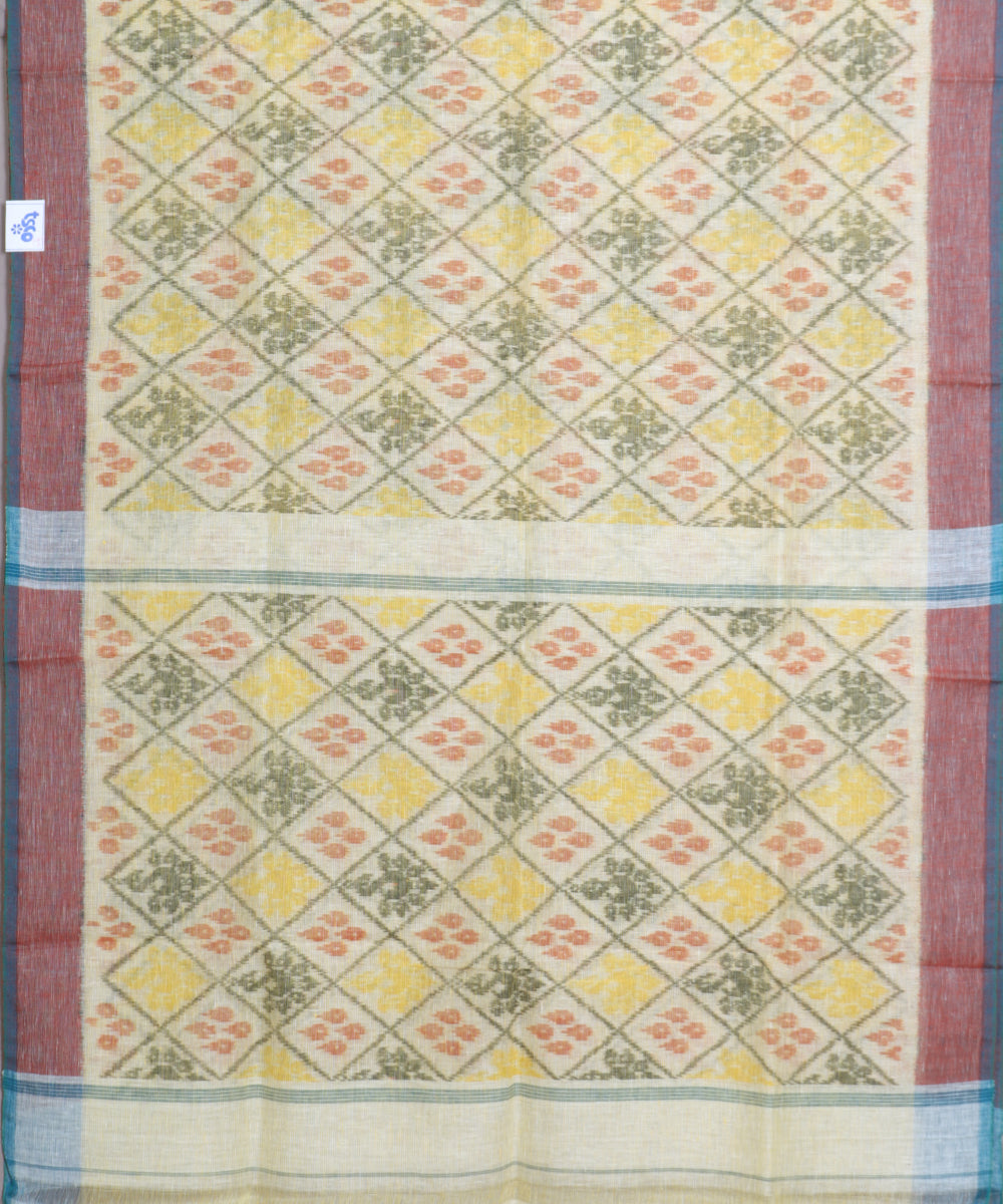 Laguna yellow color handloom linen ikat saree