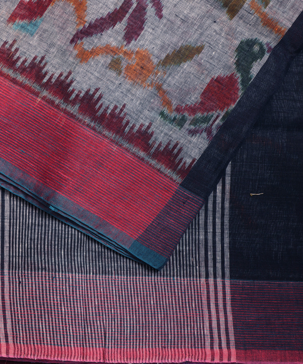 Fossil gray color handloom linen ikat saree