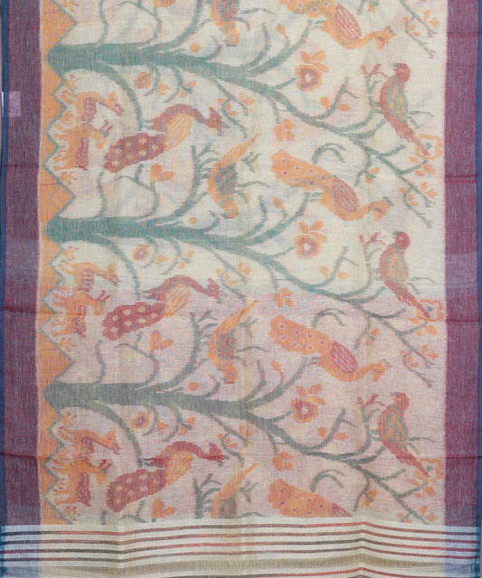 Laguna yellow color handloom linen ikat saree