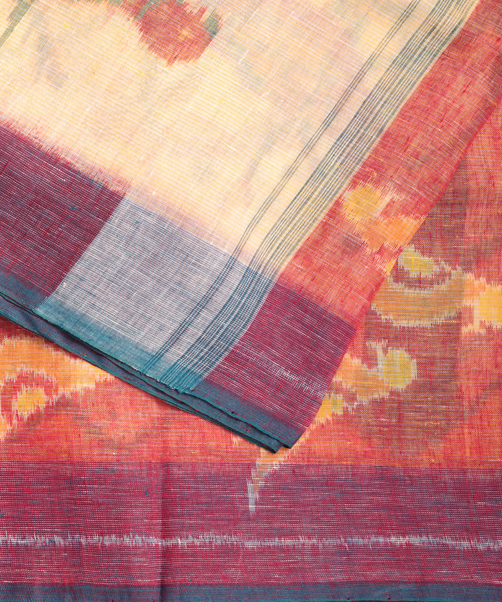 Laguna yellow color handloom linen ikat saree