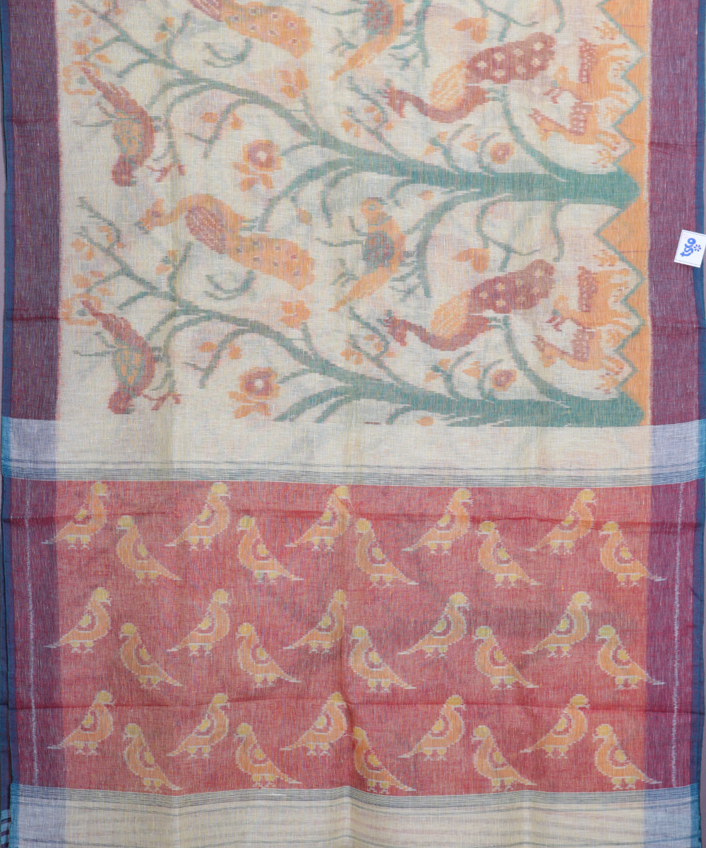 Laguna yellow color handloom linen ikat saree