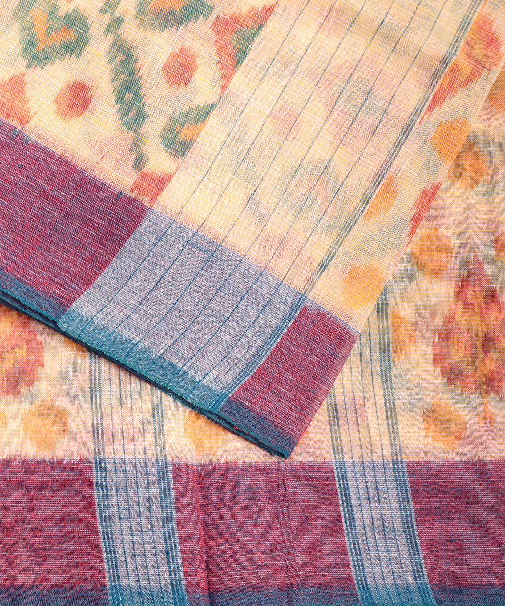 Laguna yellow color handloom linen ikat saree