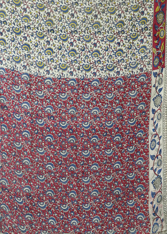 Beige Kalamkari printed cotton saree