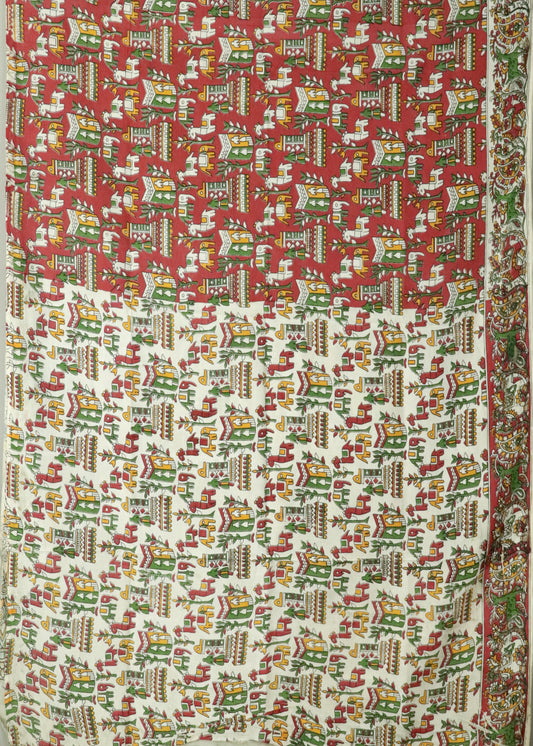 Beige Kalamkari printed cotton saree