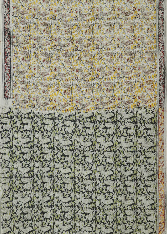 Beige Kalamkari printed cotton saree