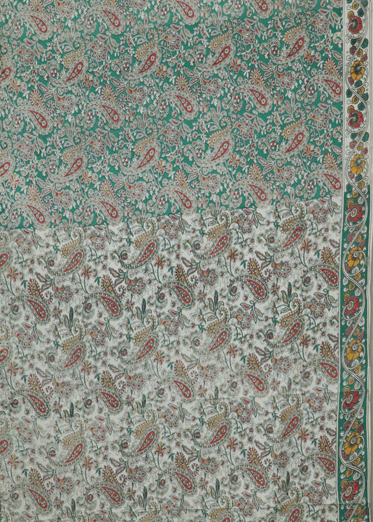 Beige Kalamkari printed cotton saree