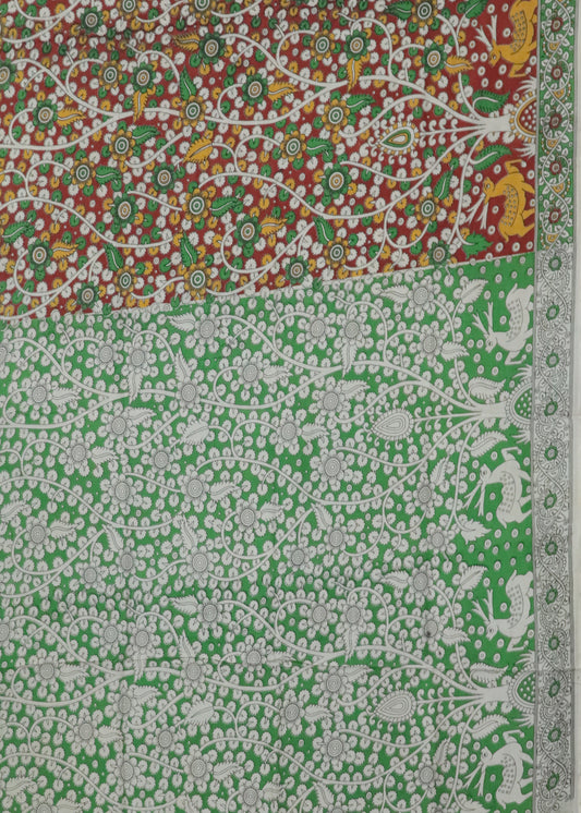 Beige Kalamkari printed cotton saree