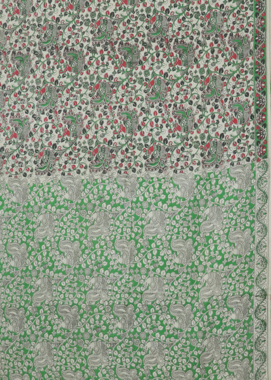 Beige Kalamkari printed cotton saree