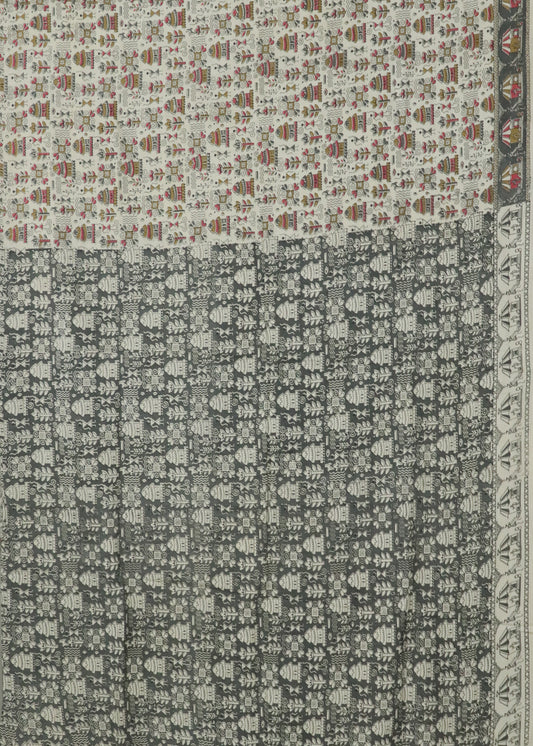 Beige Kalamkari printed cotton saree