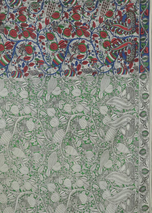 Beige Kalamkari printed cotton saree