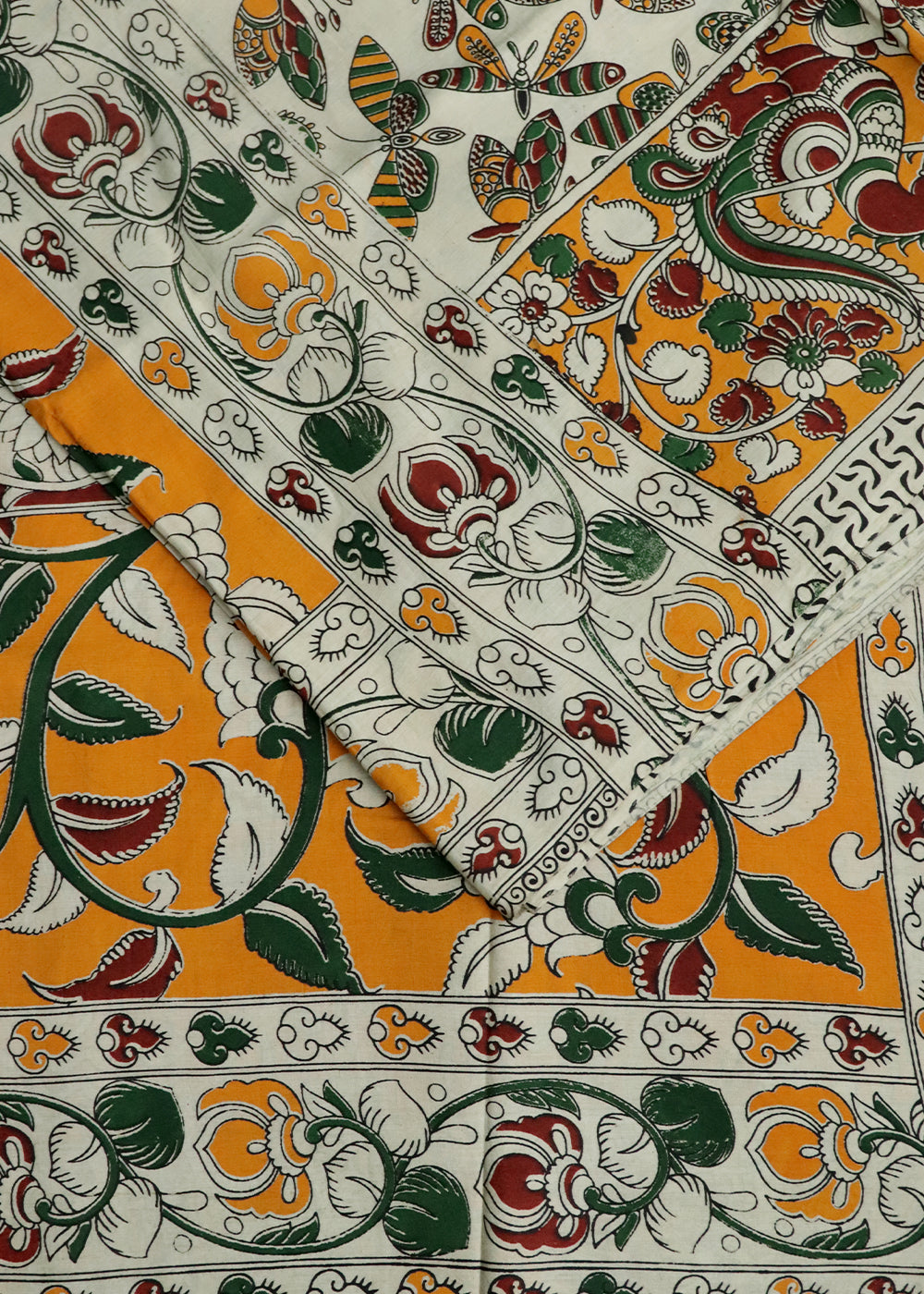 Beige Kalamkari printed cotton saree