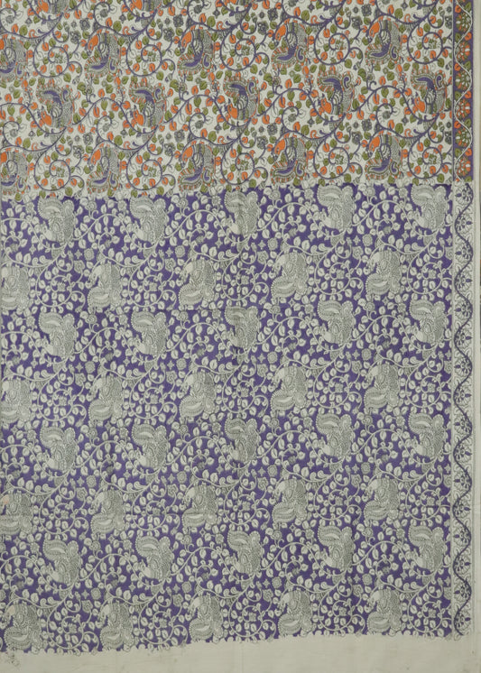 Beige Kalamkari printed cotton saree