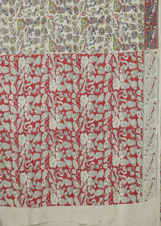 Beige Kalamkari printed cotton saree