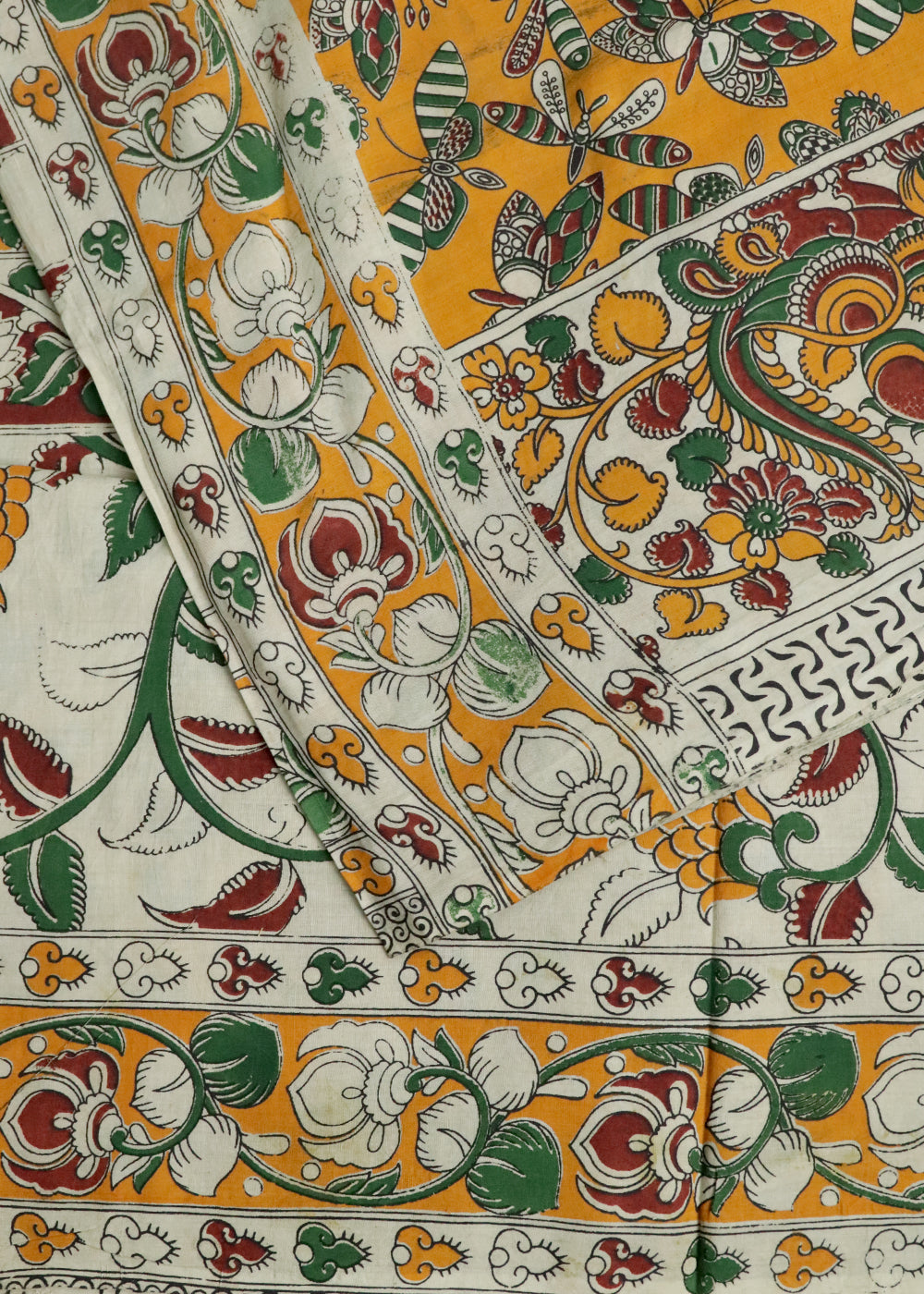 Beige Kalamkari printed cotton saree