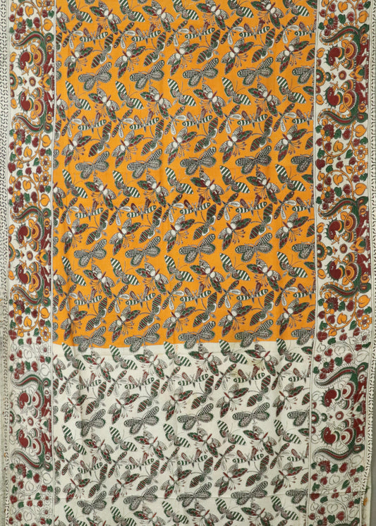 Beige Kalamkari printed cotton saree