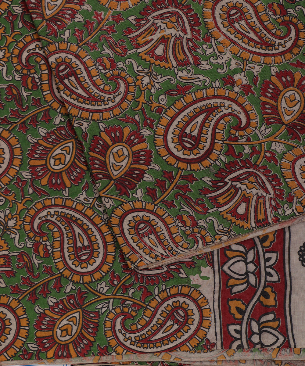 Beige Kalamkari printed cotton saree