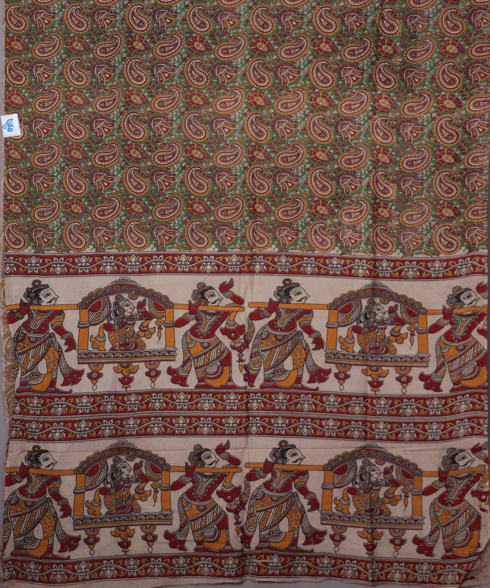 Beige Kalamkari printed cotton saree