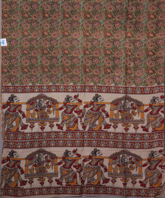 Beige Kalamkari printed cotton saree