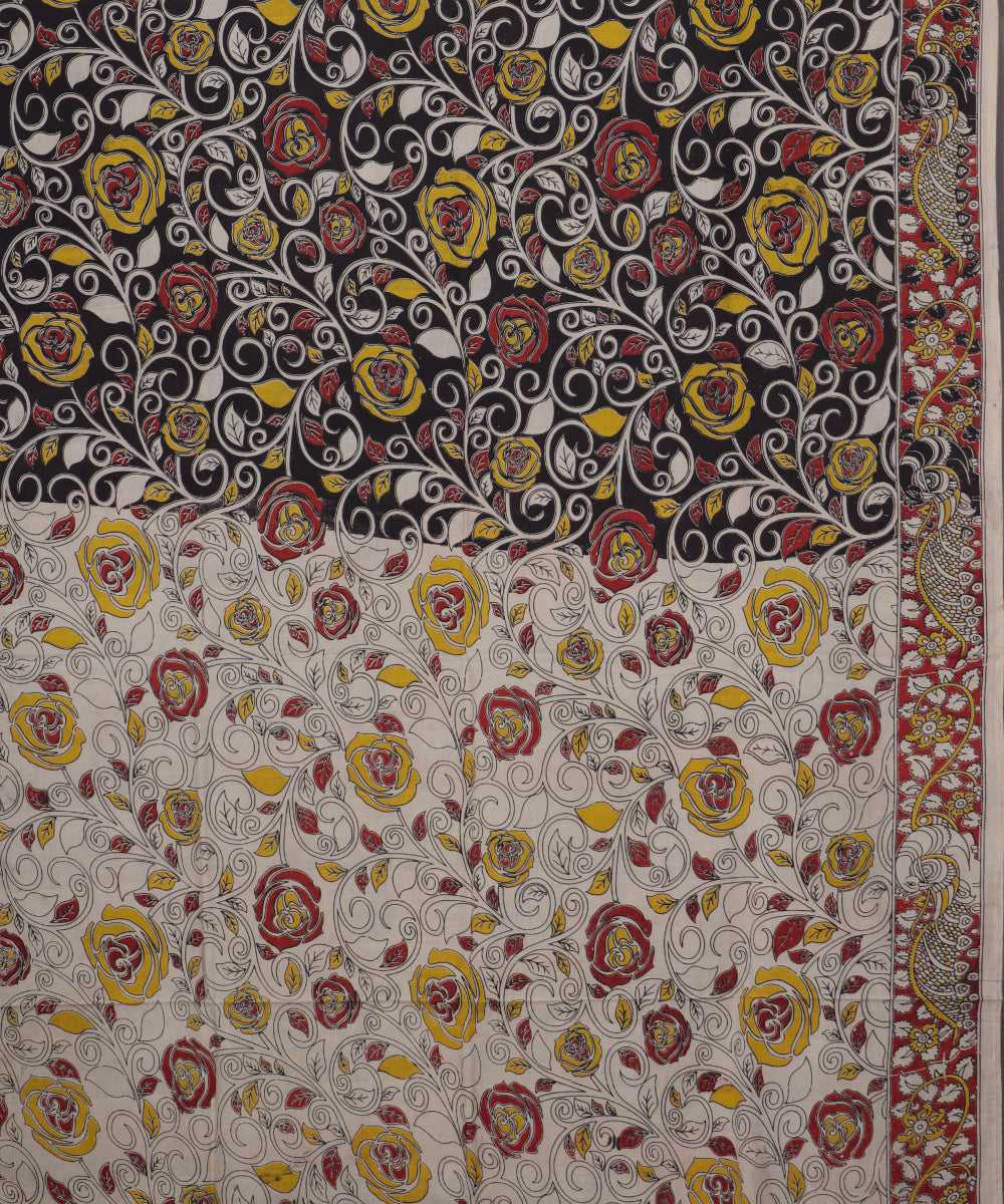 Beige Kalamkari printed cotton saree