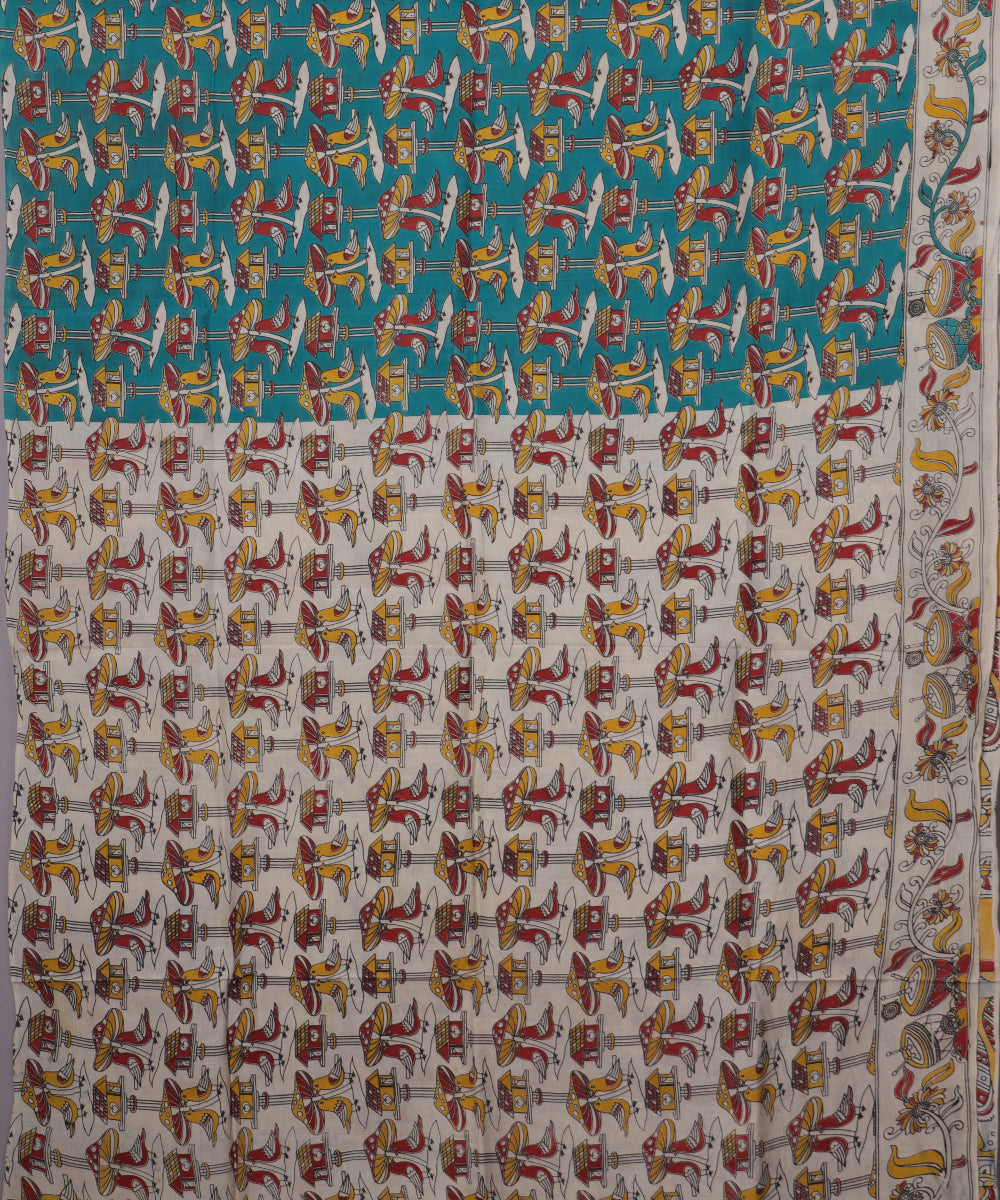 Beige Kalamkari printed cotton saree