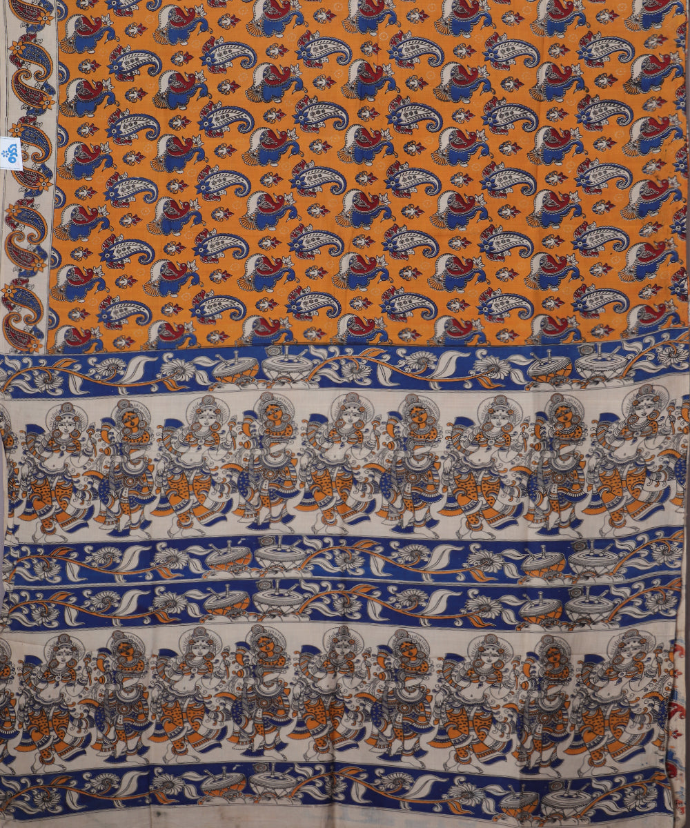 Beige Kalamkari printed cotton saree