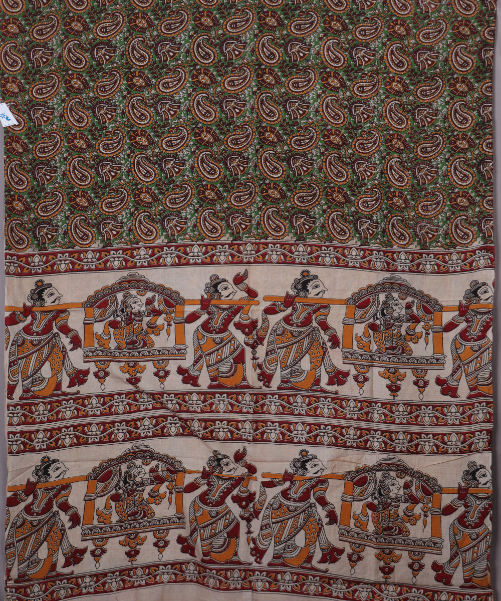 Beige Kalamkari printed cotton saree