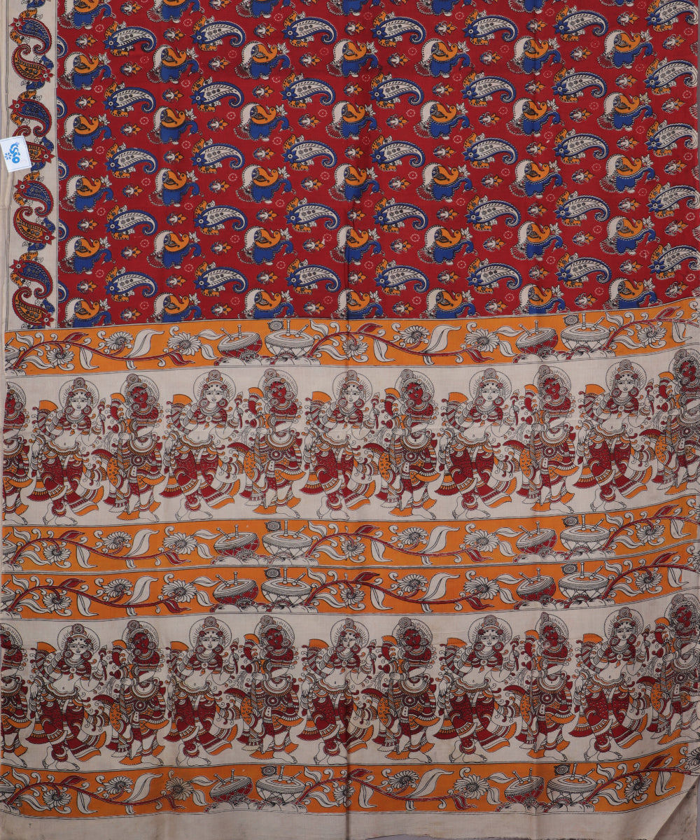 Beige Kalamkari printed cotton saree