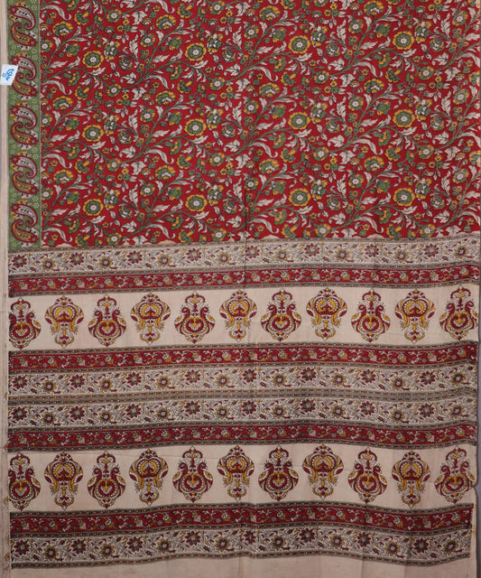 Beige Kalamkari printed cotton saree