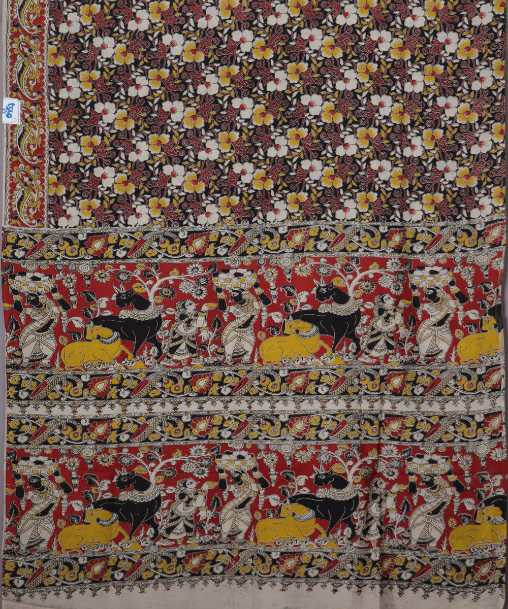 Beige Kalamkari printed cotton saree