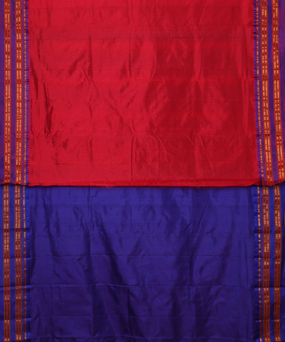 Crimson red color striped handloom narayanpet silk saree