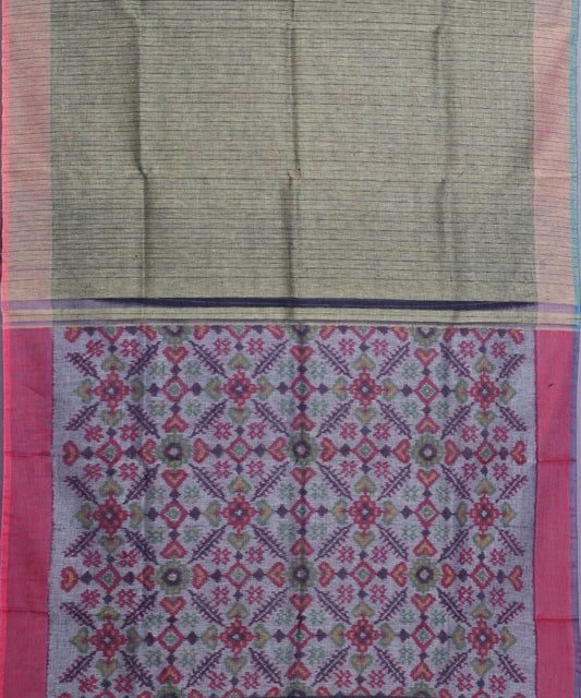 Olive green color handloom linen ikat saree