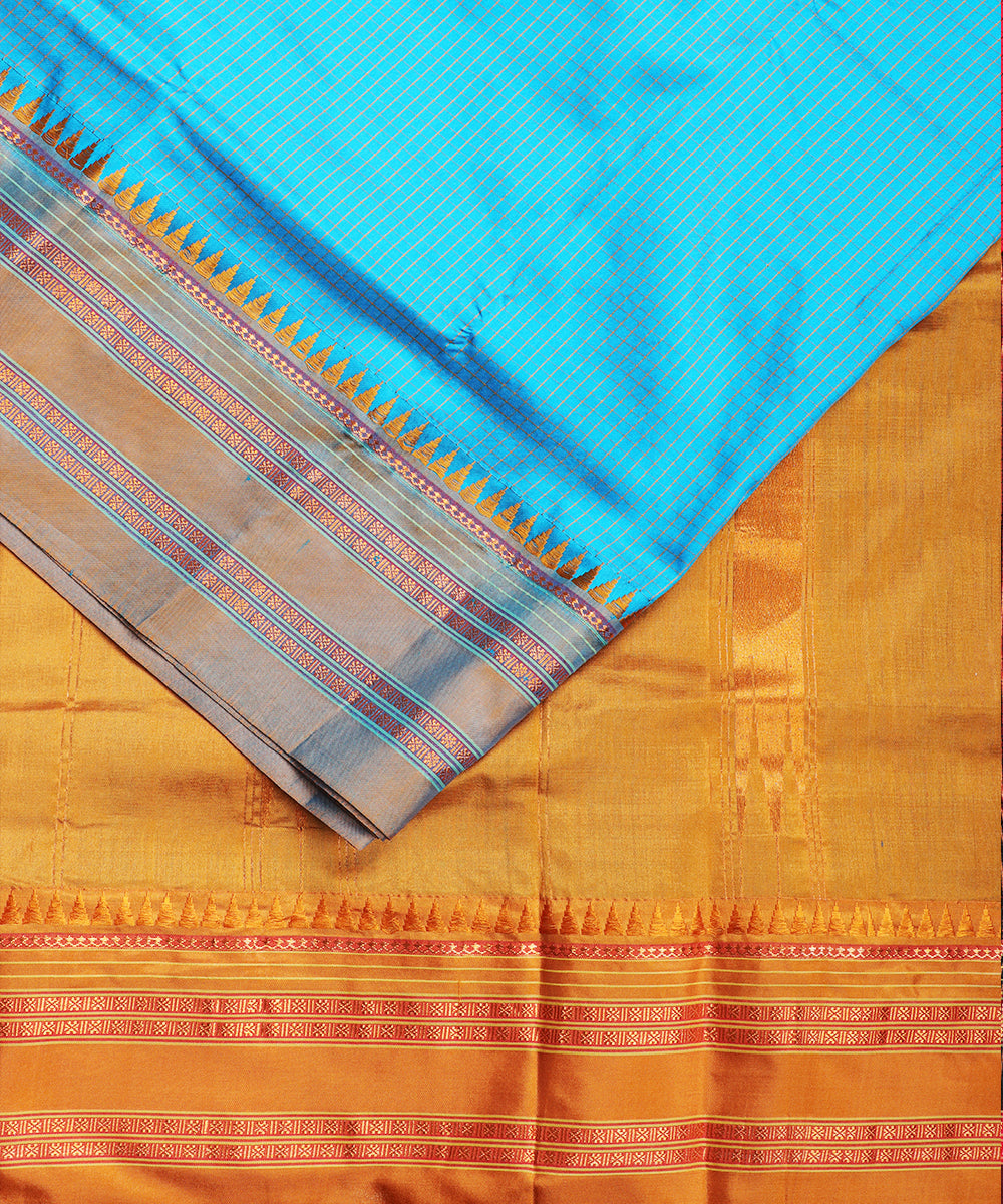 Sapphire blue striped handloom narayanpet silk saree