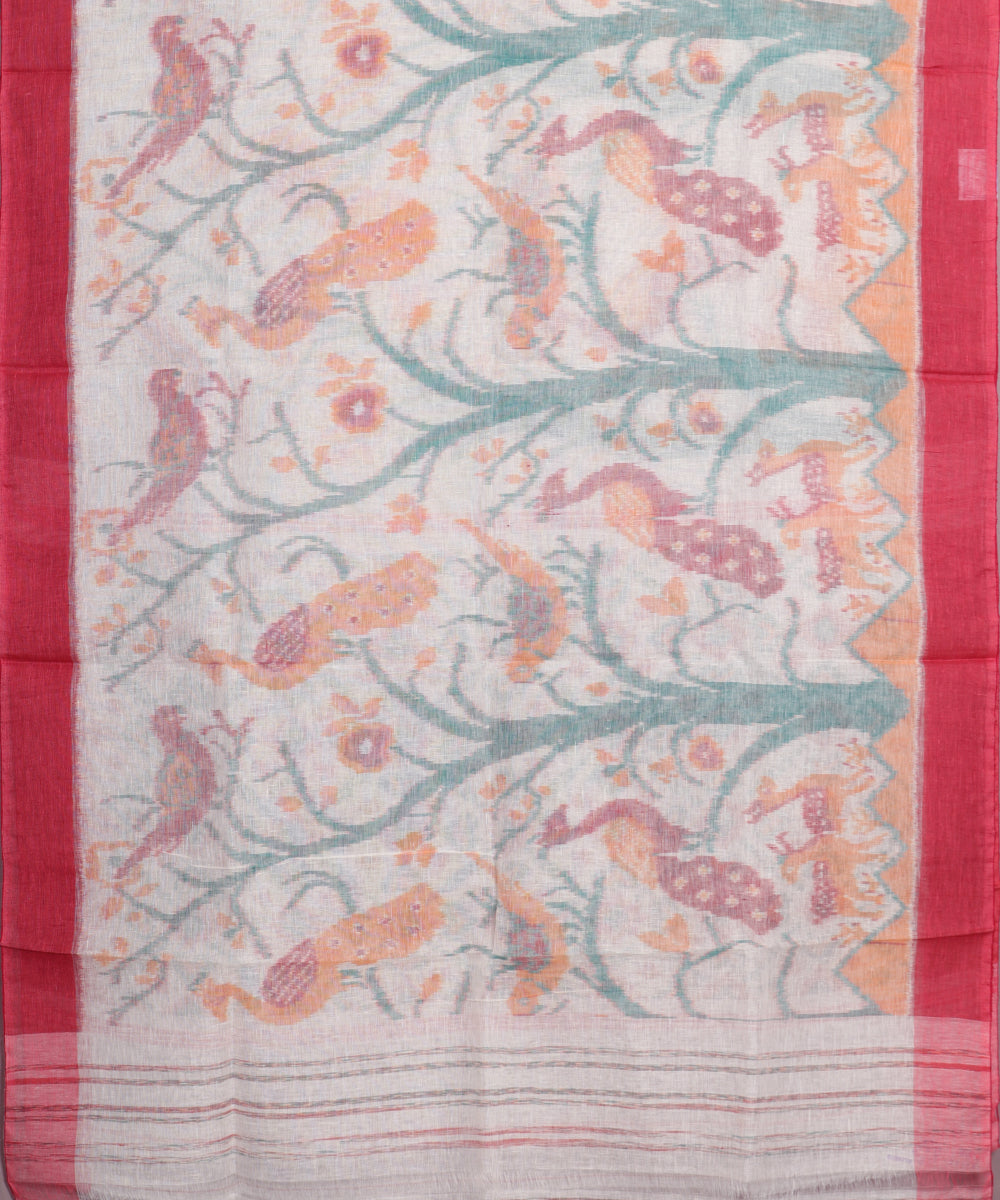 White color handloom linen ikat saree