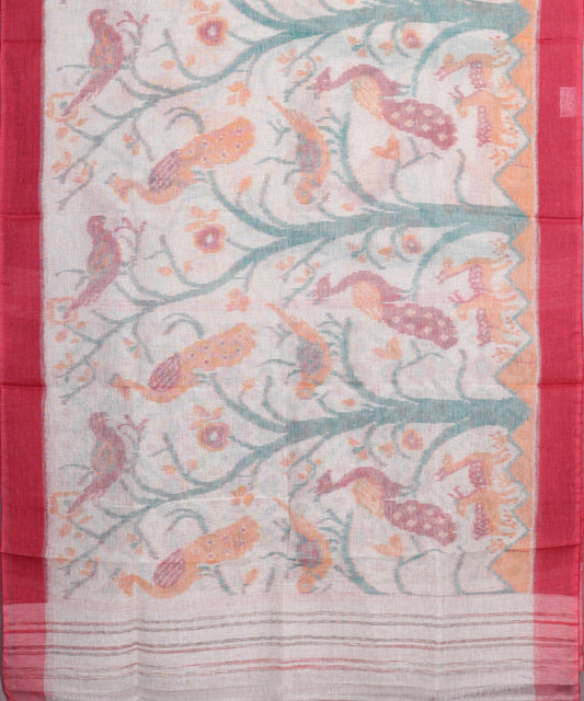 White color handloom linen ikat saree