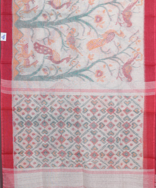 White color handloom linen ikat saree