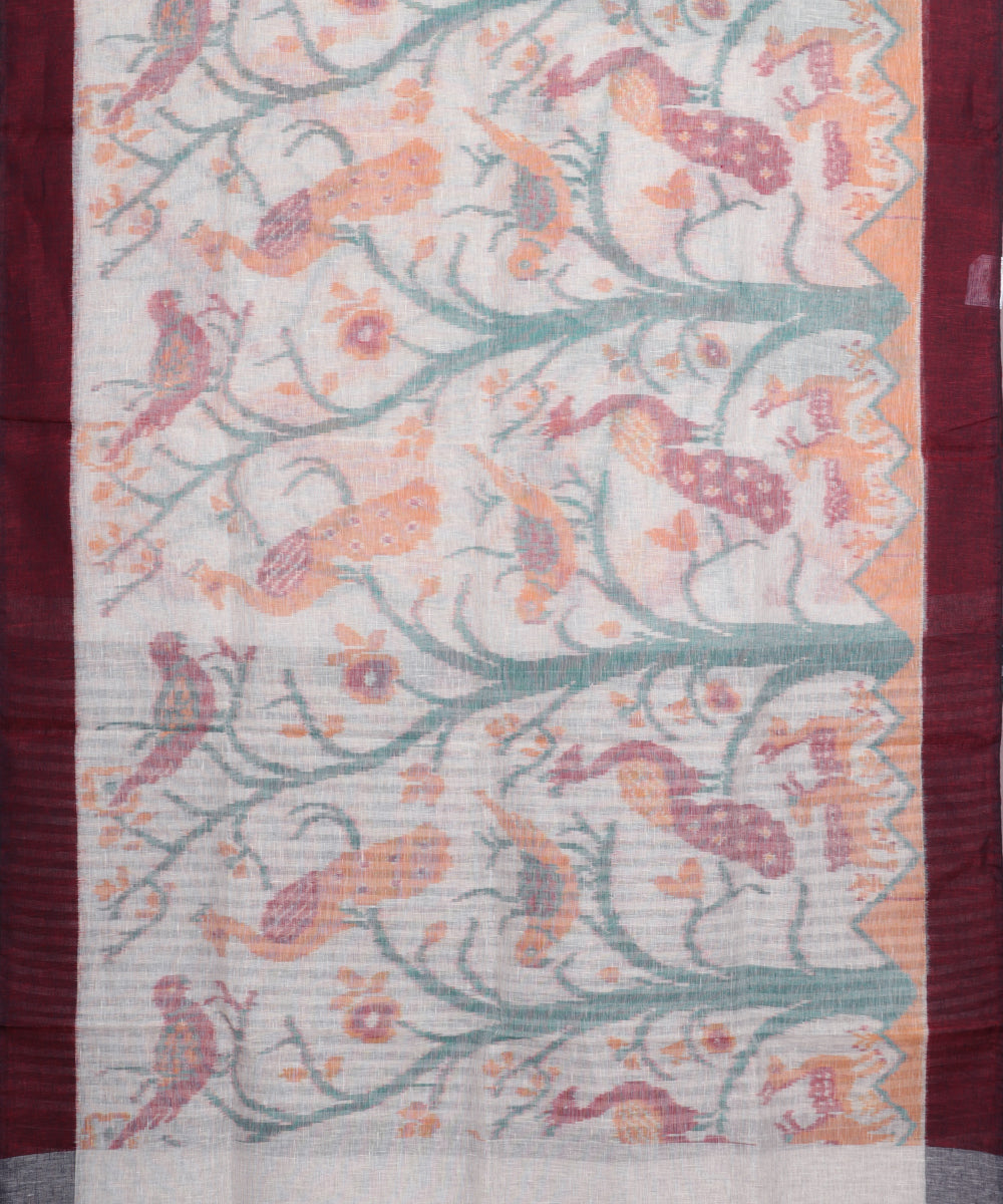 White color handloom linen ikat saree