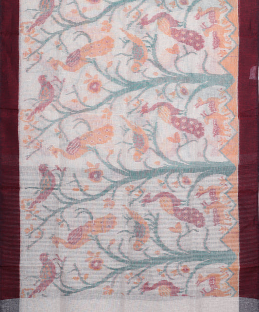 White color handloom linen ikat saree