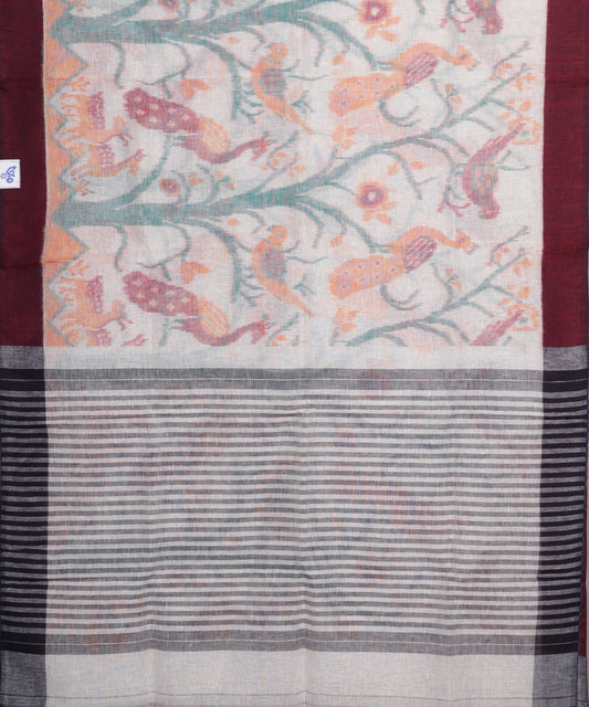 White color handloom linen ikat saree