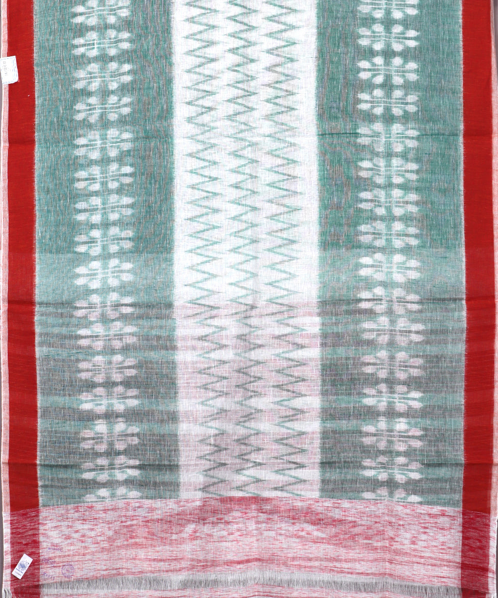 Hunter green color handloom linen ikat saree