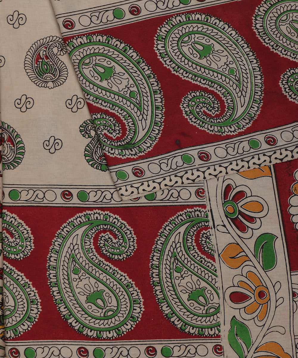 Beige Kalamkari printed cotton saree