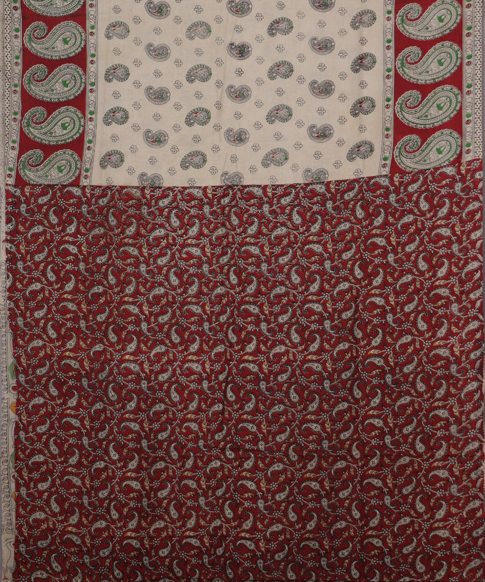 Beige Kalamkari printed cotton saree