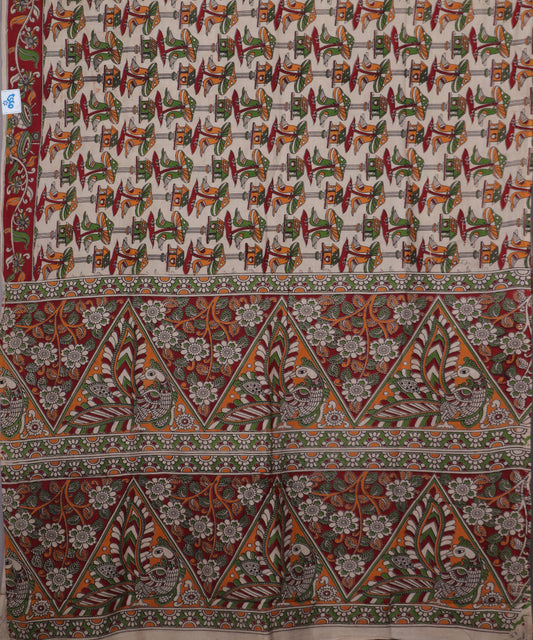 Beige Kalamkari printed cotton saree