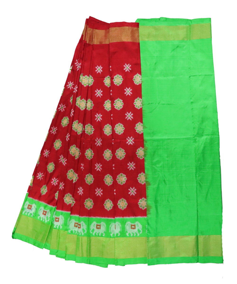 Crimson red and parrot green silk ikath pavada